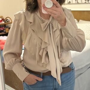 VINTAGE BERIN satin blouse top button front ruffle layers neck ties taupe large